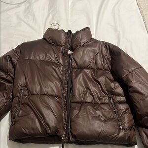 Old Navy Brown Puffer Coat with High Collar and Quilted Design
